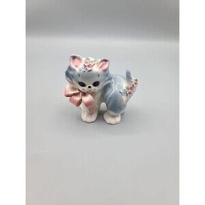 Vintage Josef Originals Ceramic Puff Blue Cat With Flowers 1960s